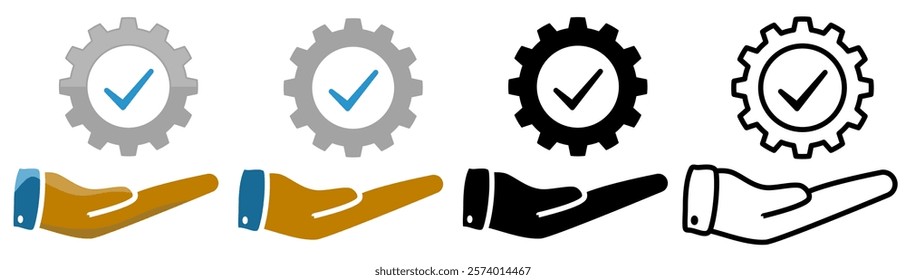 hand holding gear with check mark, simple flat style, logo sign symbol vector illustration pictogram, isolated on white for mobile app