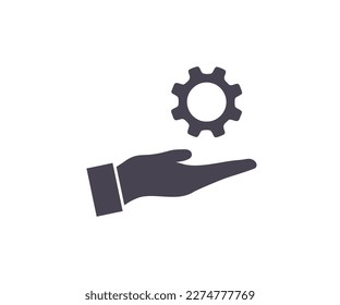 Hand holding gear, engineer symbol logo design. Development cogwheel symbol. Quality design element. Employee hands vector design and illustration.
