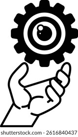 A hand holding a gear with a eye in the middle