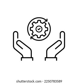 hand holding gear like optimize system icon. linear trend modern simple digital perform logotype graphic stroke design web element isolated on white. concept of workflow symbol or efficient pictogram