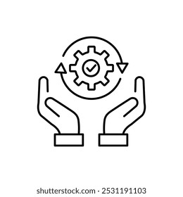 hand holding gear like optimize system icon. linear trend modern simple digital perform logotype graphic stroke design web element isolated on white. concept of workflow symbol or efficient pictogram