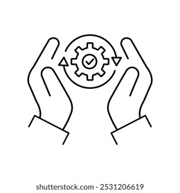 Hand, die Zahnräder wie optimierte System-Symbol hält. linear trend modern einfach digital ausführen logotype grafik strich design web element einzeln auf weiß. Konzept des Workflow-Symbols oder effizientes Piktogramm