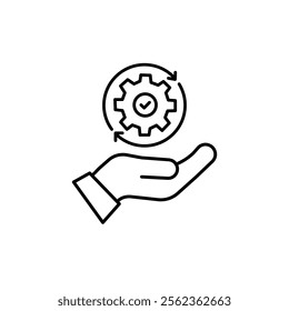 hand holding gear like optimize system icon. linear trend modern simple digital perform logotype graphic stroke design web element isolated on white. concept of workflow symbol or efficient pictogram