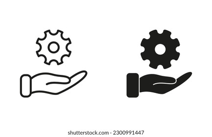 Línea de engranajes de sujeción de mano y conjunto de iconos negros de silueta. Soporte Tecnológico, Pictograma de Rueda de Cog. Colección de símbolos de mantenimiento técnico sobre fondo blanco. Ilustración de vectores aislados.