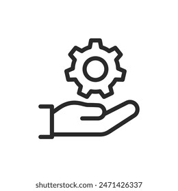 Hand holding gear, linear style icon. service and technical support. Editable stroke width