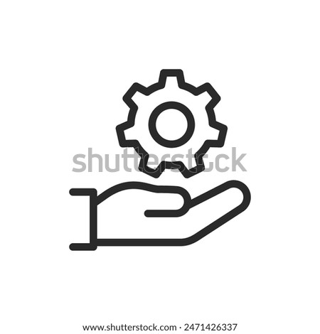 Hand holding gear, linear style icon. service and technical support. Editable stroke width