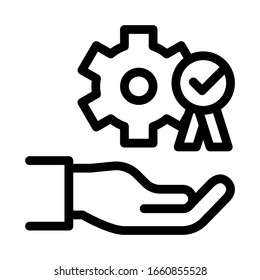 Hand Holding Gear And Medal Icon Thin Line Vector. Process For Goal Achievement, Victory Medal And Recognition Concept Linear Pictogram. Monochrome Outline Sign Isolated Contour Symbol Illustration