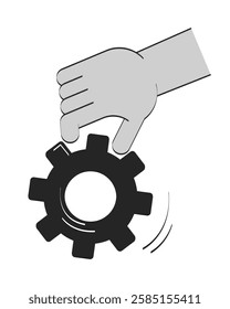 Hand holding gear with motion lines doodle outline illustration. Problem solving. Engineering cog cogwheel. Mechanism 2D vector drawing sketch isolated on white. Monochrome clip-art handdrawn