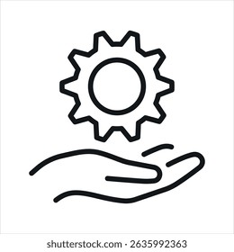 Hand holding gear outline vector icon