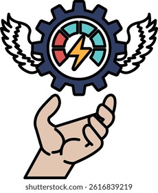 A hand is holding a gear with wings on top of it. The gear is surrounded by a circle with a lightning bolt in the middle. Concept of power and energy, as if the gear is a symbol of progress
