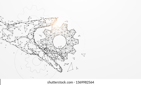 Hand holding gears from lines, triangles and particle style design. Illustration vector