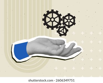 A hand holding a gears to mechanism. Modern collage style. Vector illustration