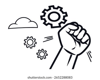 Los engranajes de sujeción de la mano simbolizan el trabajo en equipo, la cooperación y los conceptos de ingeniería. Esta Ilustración vectorial es perfecta para proyectos de negocios, tecnología e innovación que muestren progreso.