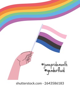 A hand holding genderfluid pride flag. LGBT pride month square banner. Vector illustration for an annual celebration of gender diversity