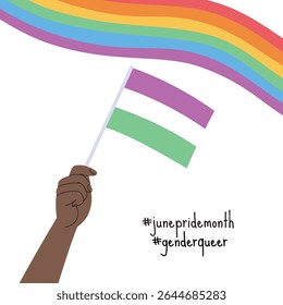 A hand holding genderqueer pride flag. LGBT pride month square banner. Vector illustration for an annual celebration of gender diversity