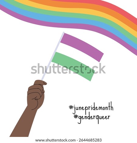 A hand holding genderqueer pride flag. LGBT pride month square banner. Vector illustration for an annual celebration of gender diversity