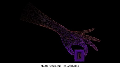 Hand holding geometric figure, microprocessor, made of neon lines on black background. Communication, help, teamwork. Abstract vector illustration.