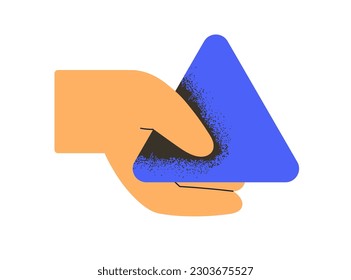 Hand holding geometric shape. Triangle, geometry figure, element. Abstract business, education, creative concept. giving unknown item. Flat vector illustration isolated on white background