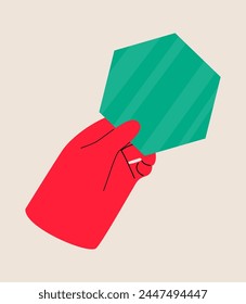 Hand holding geometry element, octagon. Geometric shape. Mathematics concept. Colorful vector illustration
