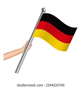 Hand, die die deutsche Flagge hält, Hände, die die deutsche Flagge führen, deutsche Nationalflagge in der Hand. Hand hält Deutschland und schwimmende Fahne. Vektorgrafik.