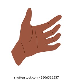 Hand holding gesture. Palm open to grasp, clutch, take or handle product, bottle, phone, or item. African American male person, pose. Vector set isolated on white background.