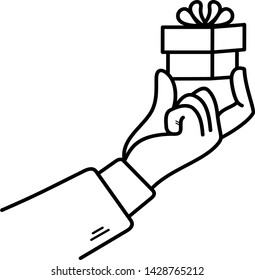 Hand holding gift box with bow. Icon in outline style
