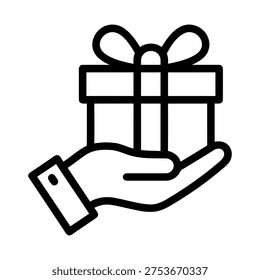 Hand holding a gift box with a bow, symbolizing giving a present, surprise, or special occasion, line art icon, thank you
