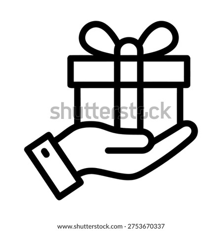 Hand holding a gift box with a bow, symbolizing giving a present, surprise, or special occasion, line art icon, thank you