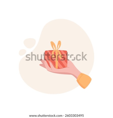 Hand holding gift box. A character holds a present in a flat style. Exchange of items symbolizes joy, isolated concept, potential usage for charity or celebration banners.