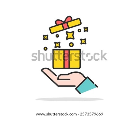 Hand holding a gift box color linear icon. Gift box vector outline icon illustration.