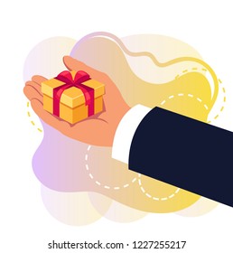 Hand holding gift box. Congratulating concept. Vector flat cartoon graphic design isolated illustration concept