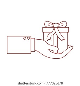 hand holding a gift box in dark red contour