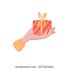 Hand holding gift box. Female character gives a present with a warm gesture. Cute cartoon graphic style, sticker design, perfect for greeting cards or gift graphics.