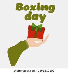 Mano sosteniendo una caja de regalo. Banner plano de diseño con Día de Box de texto. Uso para Postcard, sitio web, encabezados, entradas de blog, impresión. Afiche de la celebración del 26 de diciembre, publicidad. Concepto de diseño de regalos
