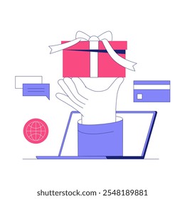 Caixa De Presente De Mão Em Ilustração De Vetor Plano Simbolizando Presentes On-Line, Compras Digitais E Transações De Comércio Eletrônico, Isoladas Em Fundo Branco.