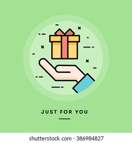 Hand holding a gift box, flat design thin line banner, usage for e-mail newsletters, web banners, headers, blog posts, print and more