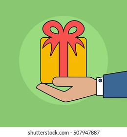 Hand holding a gift box. Flat design vector illustration