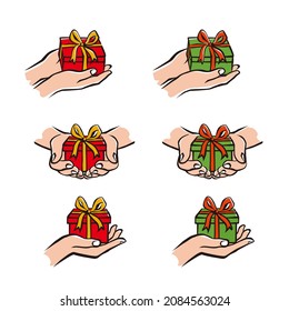 Hand holding gift box. hand giving gift box. gift box with a ribbon. Christmas gift box. vector illustration isolated in white background