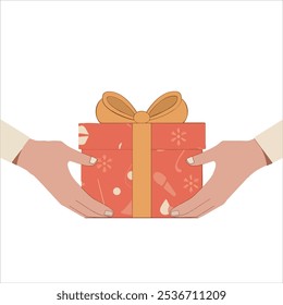 Hand holding gift box. Giving or sharing, receiving gifts concept. Modern vector illustration in flat style white background