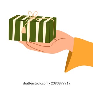 Hand holding gift box. Grant exchange concept xmas holiday, arms gives new year souvenirs. Wrapping Christmas gift box. Preparing for celebration Christmas eve or new year. Vector illustration