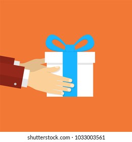 Hand holding gift box. Hands giving presents. Vector illustration