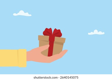 Hand holding a gift box. Holiday seasonal or birthday and anniversary concept. Shopping advertising reward, discount sell event. Donation charity illustration flat vector.