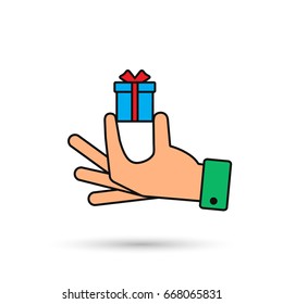 Hand holding gift box icon, Vector isolated color illustration.