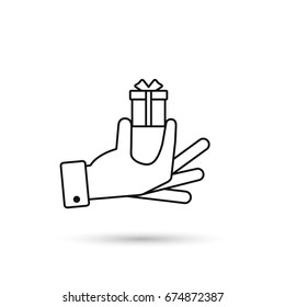 Hand holding gift box icon outline symbol, Vector isolated illustration.