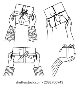 Hand holding a gift box line drawing. Line drawing of hand holding gift box with ribbon. Line art of birthday surprise, Christmas's day and New year. Vector illustration.