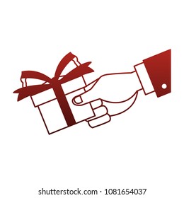 Hand holding gift box on red lines