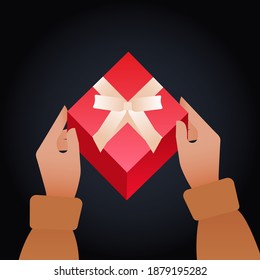 Hand Holding Gift Box on Dark Background. Modern Flat Vector Concept Illustrations. Social Media Ads. Poster Concept. Web Banner.