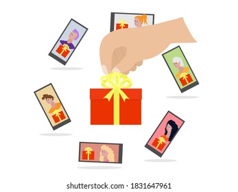 Hand holding gift box over the phone and shares it with your friends on social networks. A gift to give. Stylized hand drawn illustrations for mobile apps or web sites and banner design