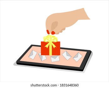 Hand holding gift box over the phone and shares it with your friends on social networks through letters. A gift to give. Stylized hand drawn illustrations for mobile apps or web sites and banner desig
