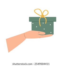 Hand holding gift box. Preparation for Christmas or New Year celebration, birthday. Side view. Flat isolated vector illustration.